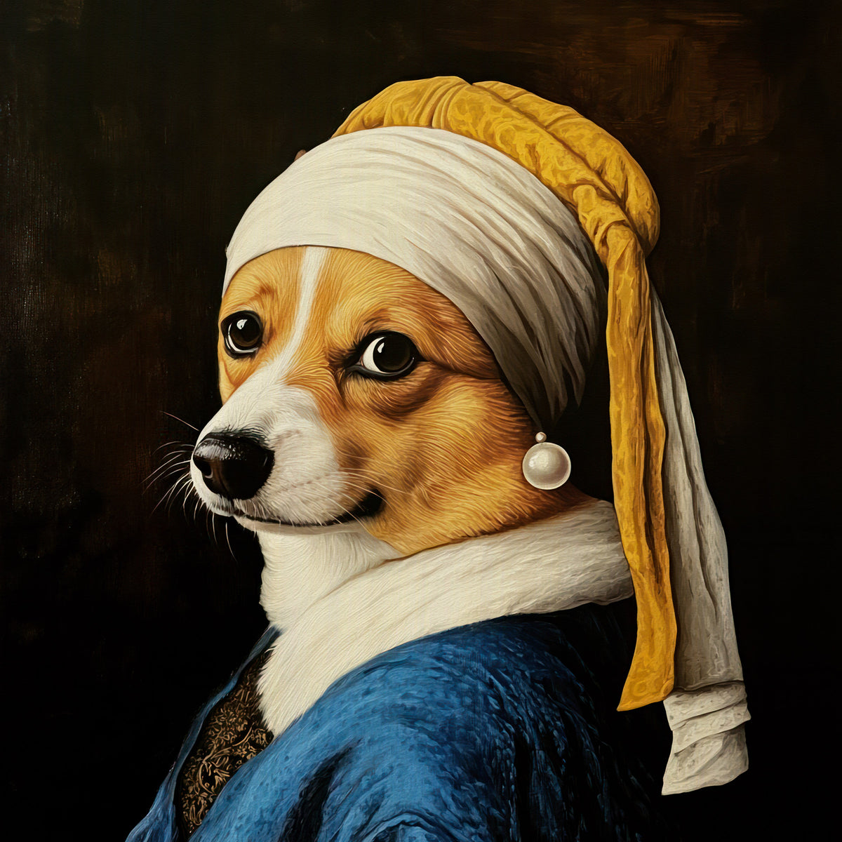 Corgi with Pearl Earring in Blue Robe Wall Mural in your room — zoomed