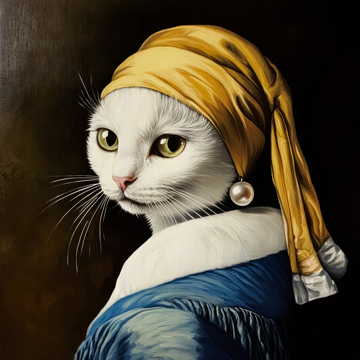 White Cat with Pearl Earring in Blue Robe Wall Mural in your room — zoomed