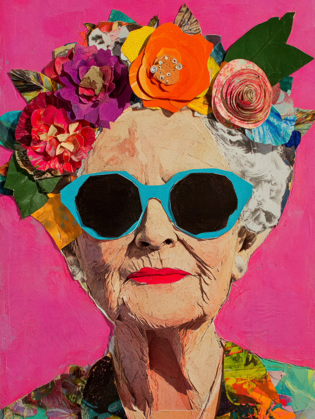 Colorful Elderly Lady with Floral Headpiece Wall Mural in your room — zoomed