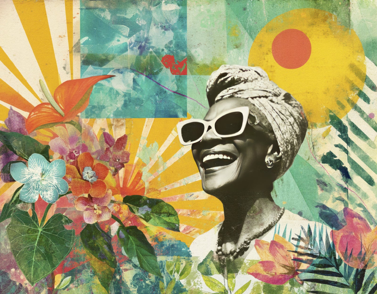 Vibrant Joyful Woman with Tropical Flowers Wall Mural in your room