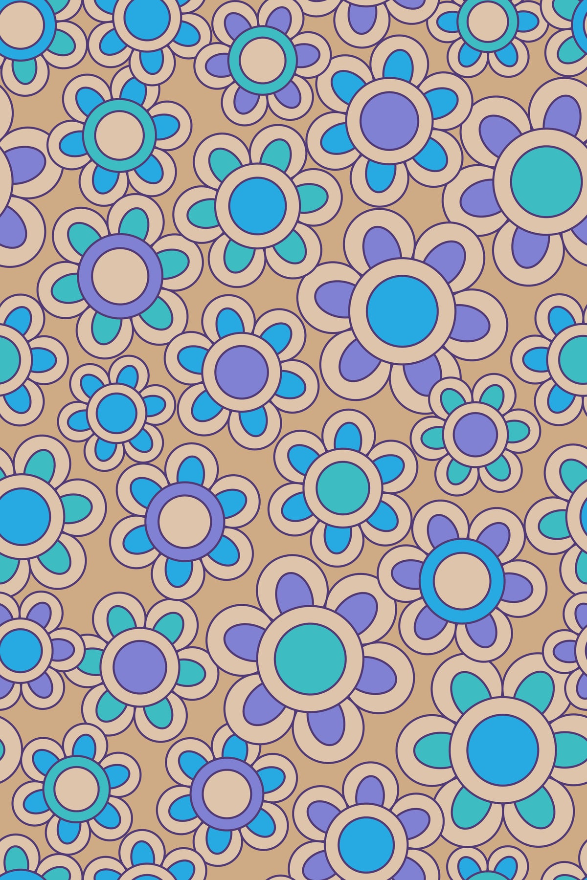 Groovy Daisies Retro 1970s Floral Turquoise Blue Purple Beige Wallpaper⁠ in your room