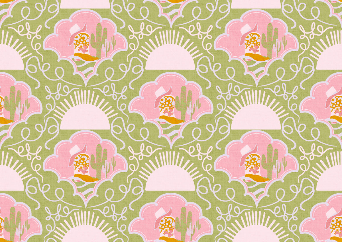 Wild West Whimsy-Green & Pink Cowboy Boots and Cactus Wallpaper for Southwestern Playrooms & Creative Interiors in your room