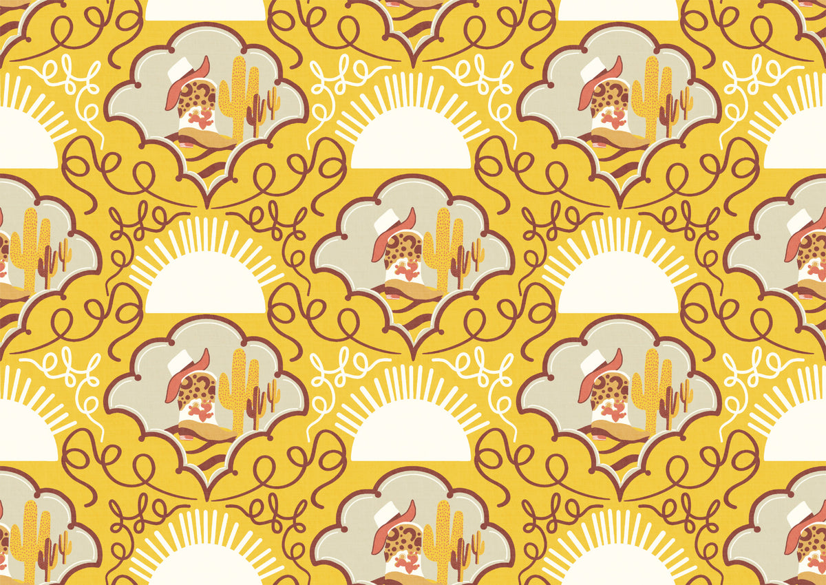 Wild West Whimsy -Happy Yellow Cowboy Boots & Cactus Wallpaper for Kids’ Rooms & Western-Inspired Decor in your room — zoomed