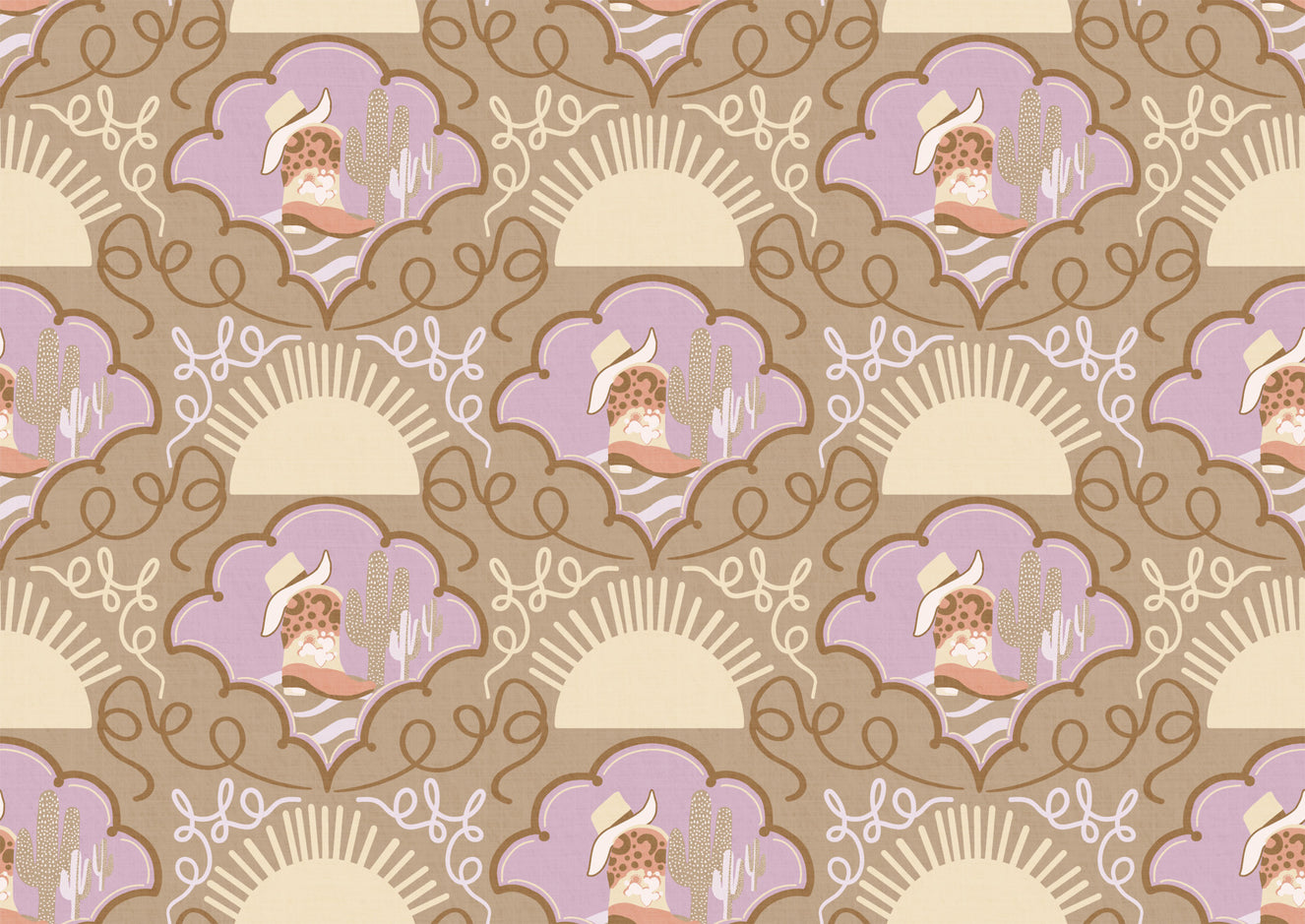 Wild West Whimsy – Cowboy Boots & Cactus Wallpaper in Lavender & Neutral Brown for Eclectic Kids’ Spaces and Boho Interiors