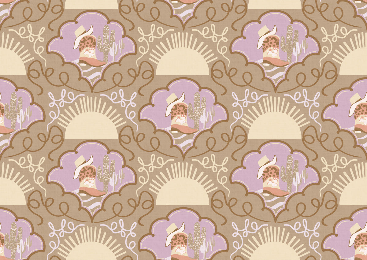 Wild West Whimsy – Cowboy Boots & Cactus Wallpaper in Lavender & Neutral Brown for Eclectic Kids’ Spaces and Boho Interiors