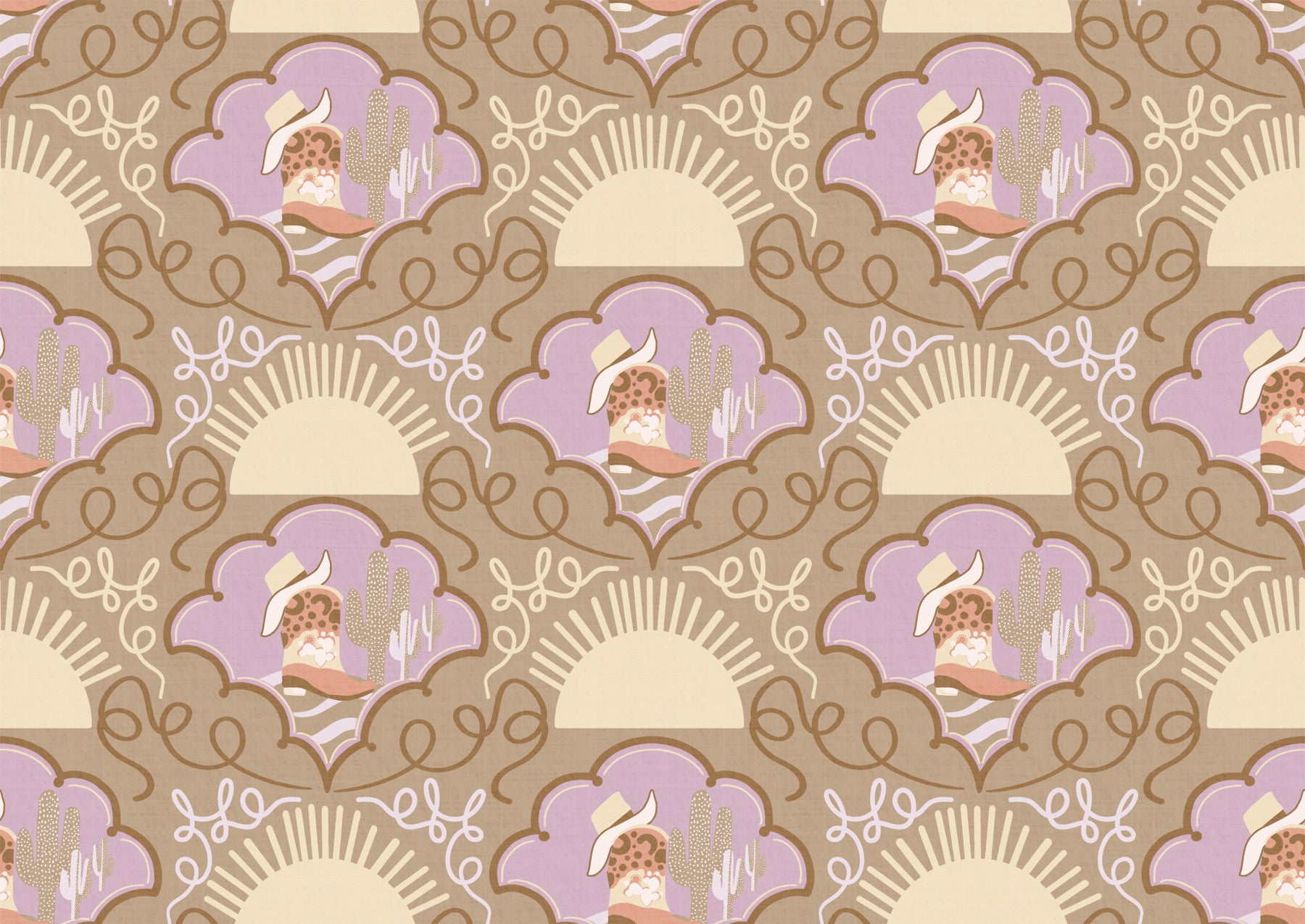 Wild West Whimsy – Cowboy Boots & Cactus Wallpaper in Lavender & Neutral Brown for Eclectic Kids’ Spaces and Boho Interiors in your room — zoomed