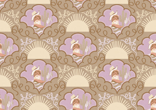 Wild West Whimsy – Cowboy Boots & Cactus Wallpaper in Lavender & Neutral Brown for Eclectic Kids’ Spaces and Boho Interiors