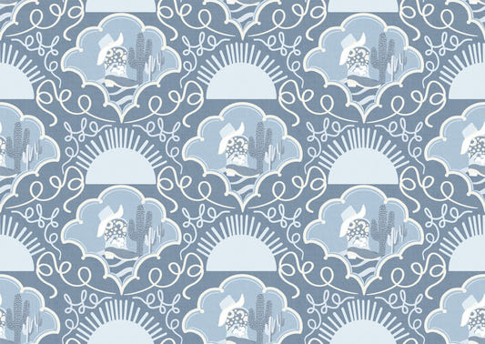 Southwestern Serenity- Grey Blue Cactus & Cowboy Folk Art Wallpaper for Boho, Rustic & Contemporary Interiors Wallpaper⁠