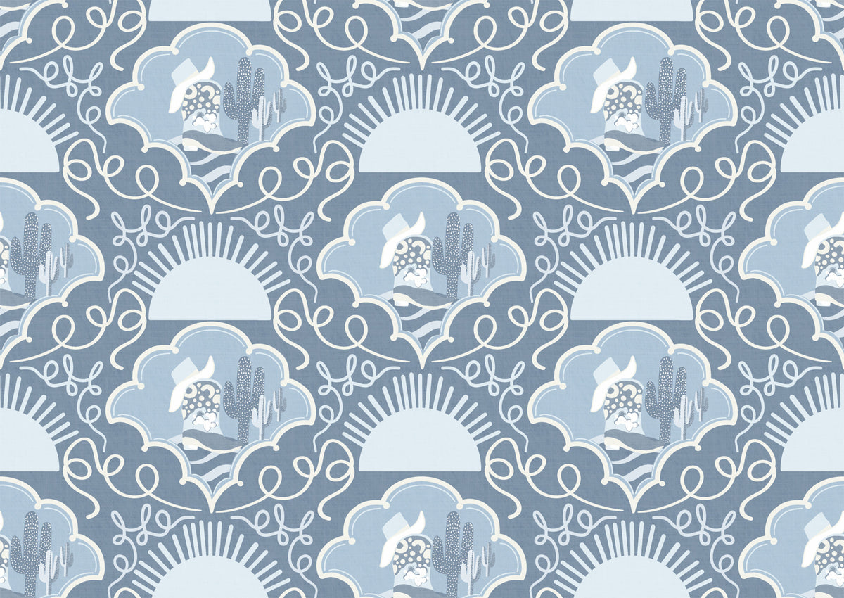 Southwestern Serenity- Grey Blue Cactus & Cowboy Folk Art Wallpaper for Boho, Rustic & Contemporary Interiors Wallpaper⁠