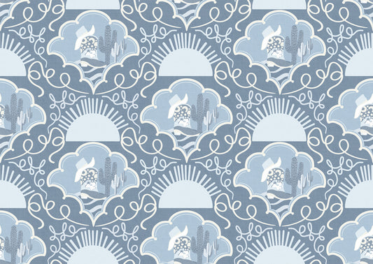 Southwestern Serenity- Grey Blue Cactus & Cowboy Folk Art Wallpaper for Boho, Rustic & Contemporary Interiors Wallpaper⁠