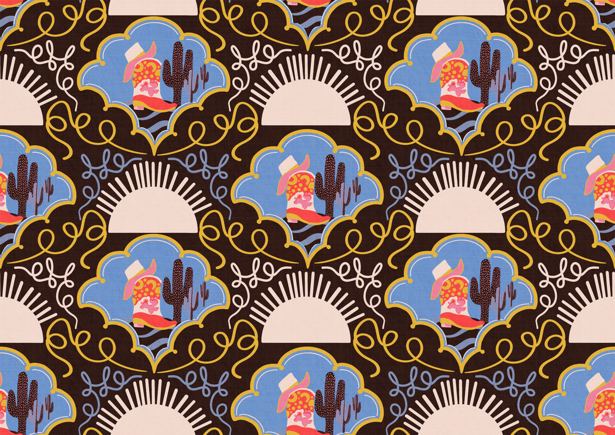 Wild West Whimsy – Red Boots & Cactus Wallpaper with Blue Sky & Sunset Tones on Rustic Brown for Western Playrooms & Bedrooms Wallpaper⁠ in your room