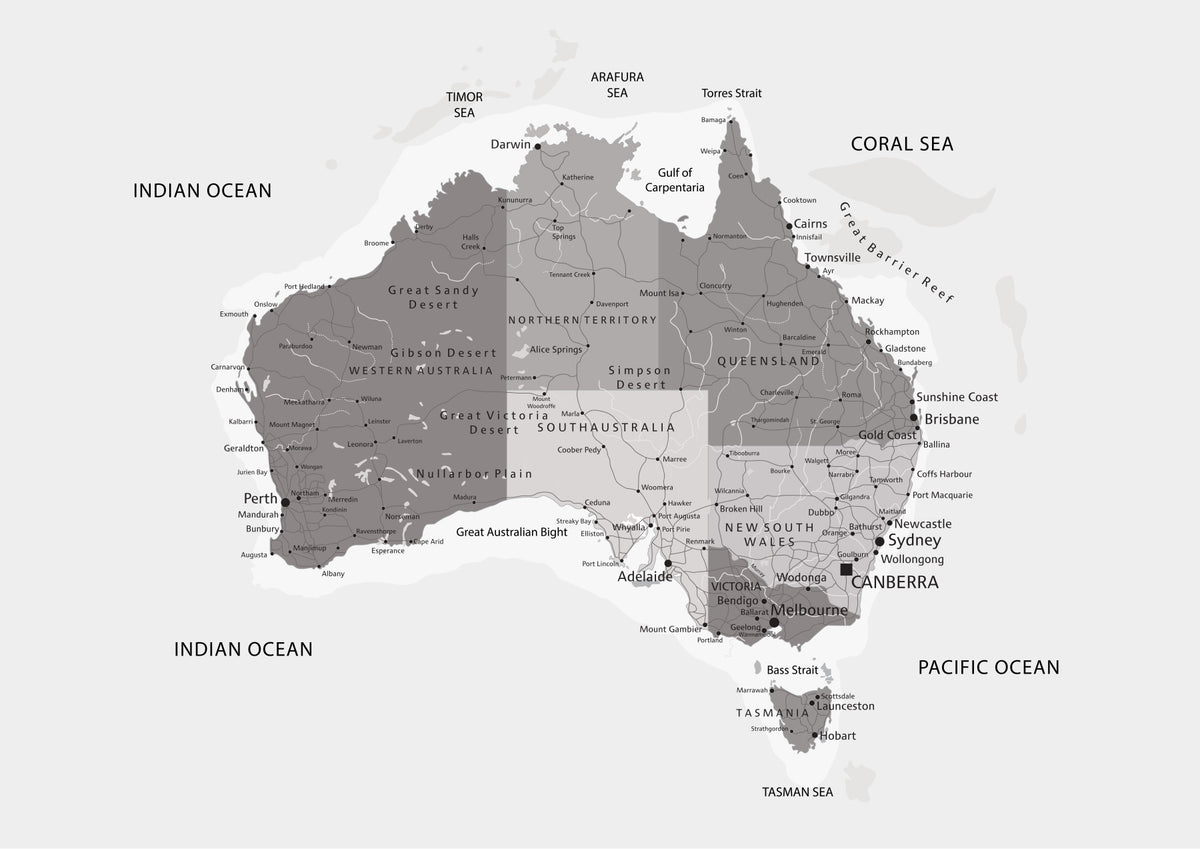 Down Under Map - Grayscale Wall Mural in your room