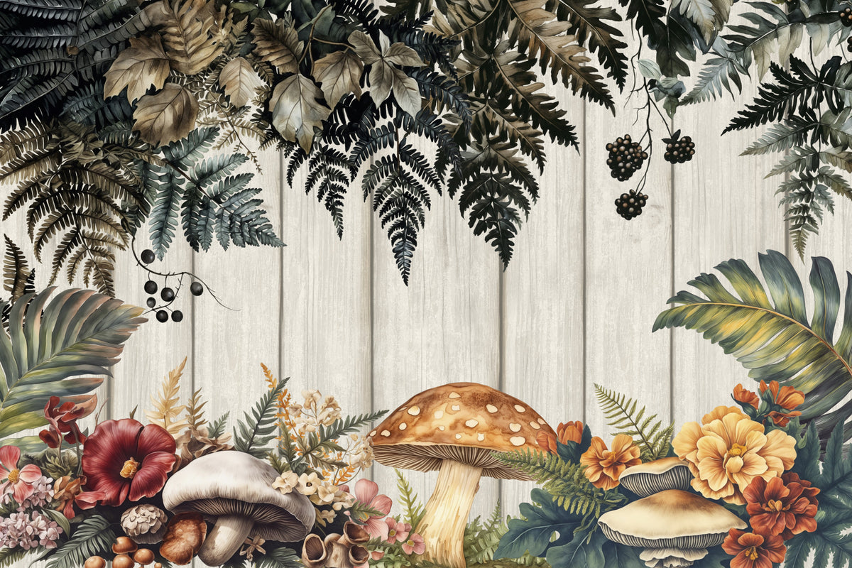 Woodland Vibes Fern Forest Mushrooms Wall Mural in your room — zoomed