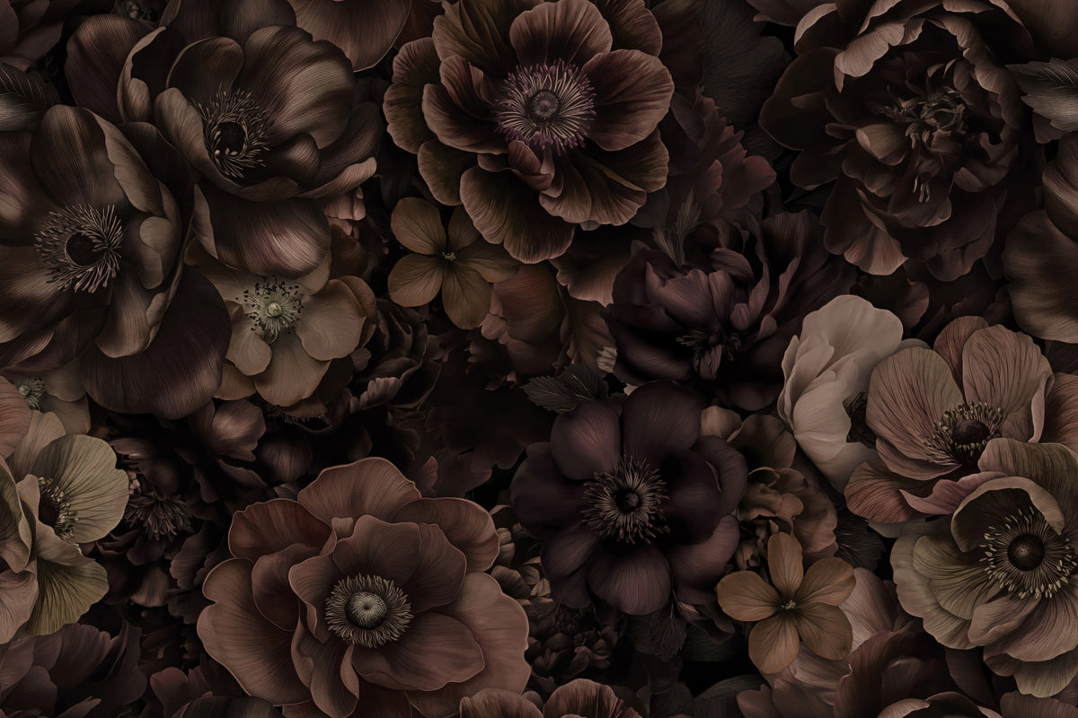 Opulent Floral Symphony Warm Maroon Wall Mural in your room — zoomed