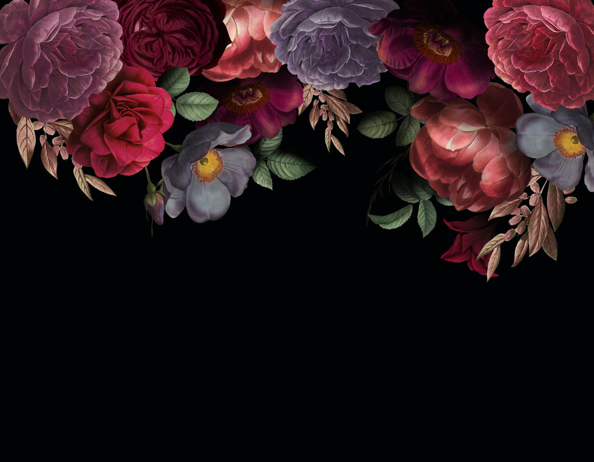 Antique Roses and Peonies with Dark Dramatic Botanical Garden Charm Wall Mural in your room