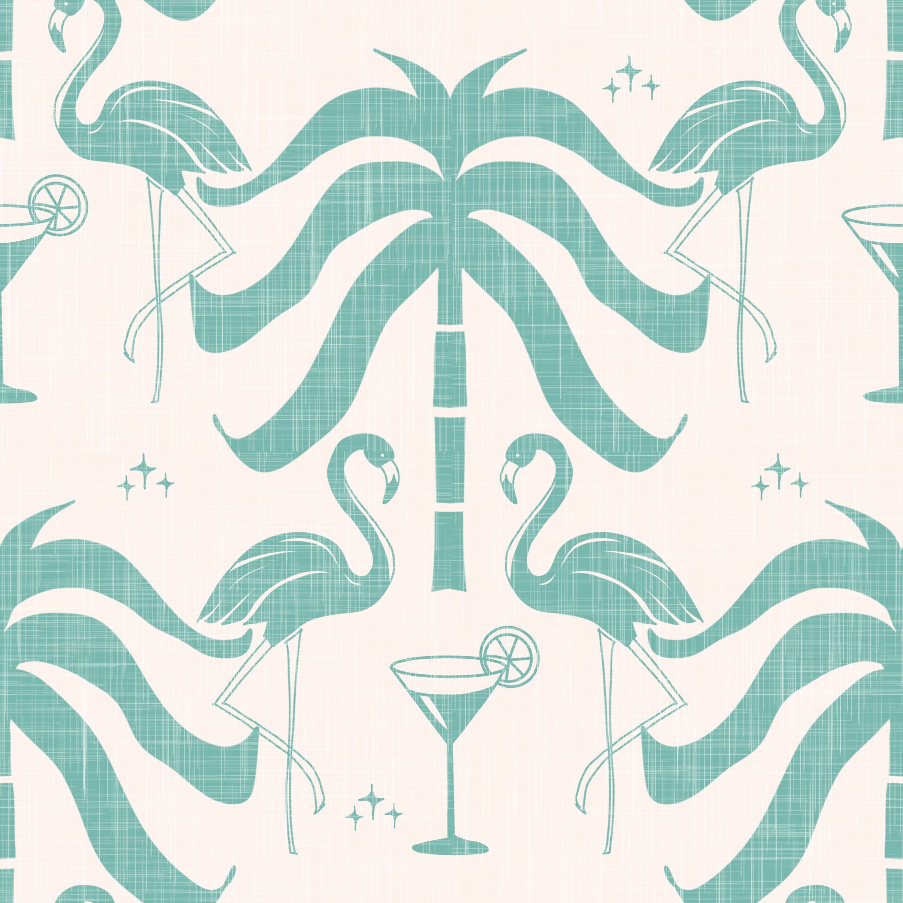 Tropical Palm Springs Flamingo Beige Teal Wallpaper⁠ in your room — zoomed