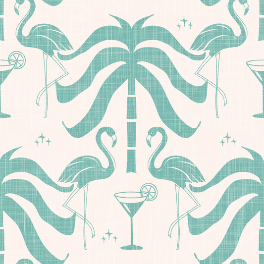 Tropical Palm Springs Flamingo Beige Teal Wallpaper⁠