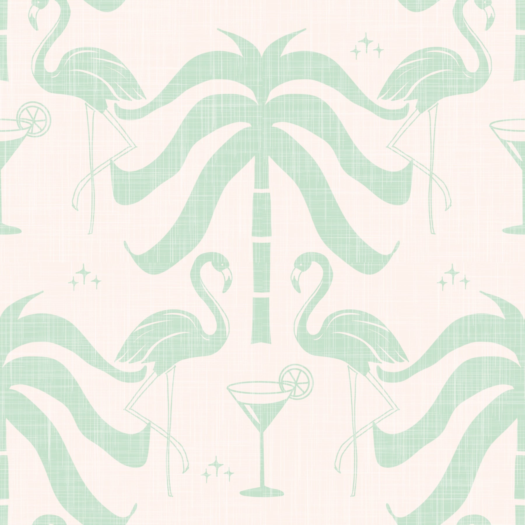Tropical Palm Springs Flamingo Beige Aqua Green Wallpaper⁠