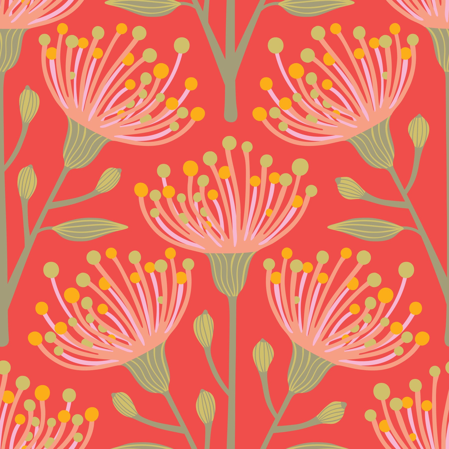 Eucalyptus Floral Botanical Yellow Green Pink Blush on Coral Orange Wallpaper⁠ in your room — zoomed