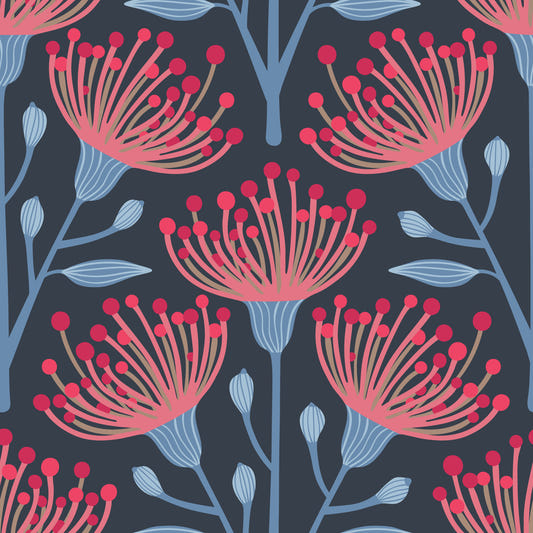 Eucalyptus Floral Botanical Red Pink Light Blue on Navy Blue Wallpaper⁠