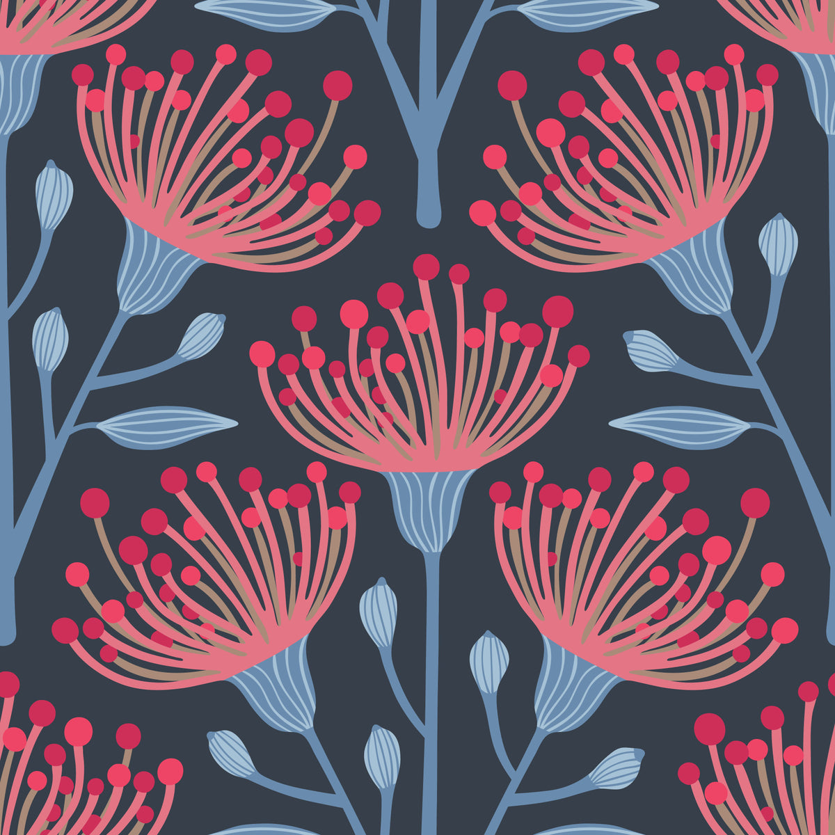 Eucalyptus Floral Botanical Red Pink Light Blue on Navy Blue Wallpaper⁠ in your room — zoomed