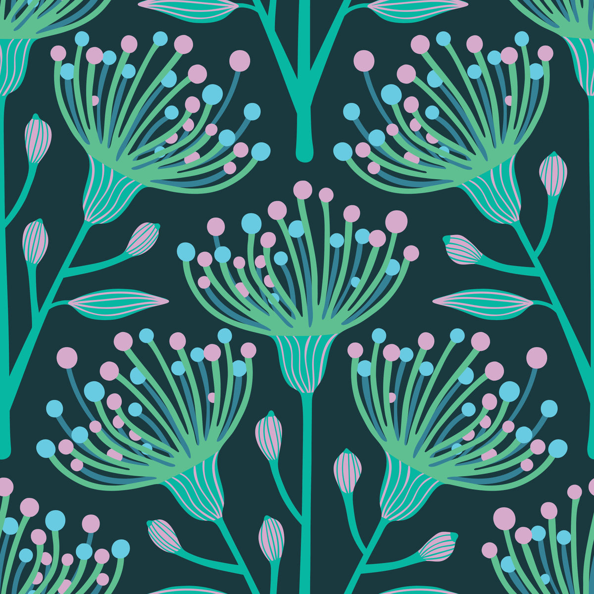 Eucalyptus Floral Botanical Aqua Turquoise Pink on Dark Teal Wallpaper⁠
