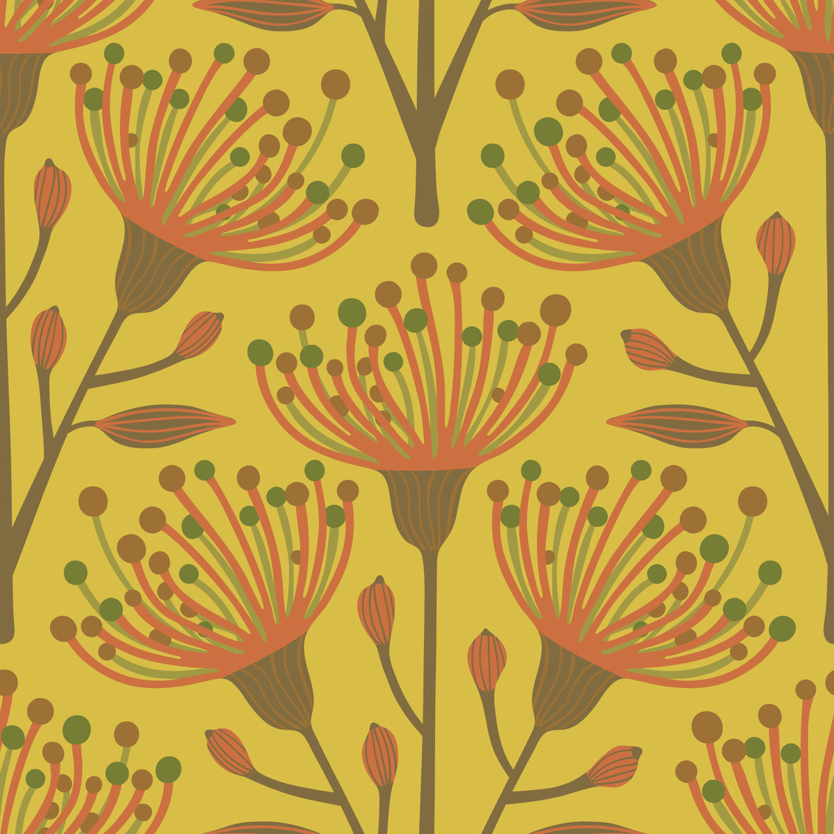 Eucalyptus Floral Botanical Earthy Brown Olive Green on Mustard Yellow Wallpaper⁠ in your room — zoomed
