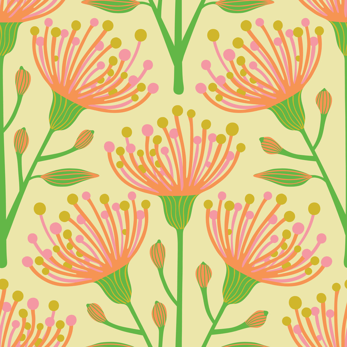 Eucalyptus Floral Botanical Summer Orange Pink Green on Creamy Yellow Wallpaper⁠ in your room