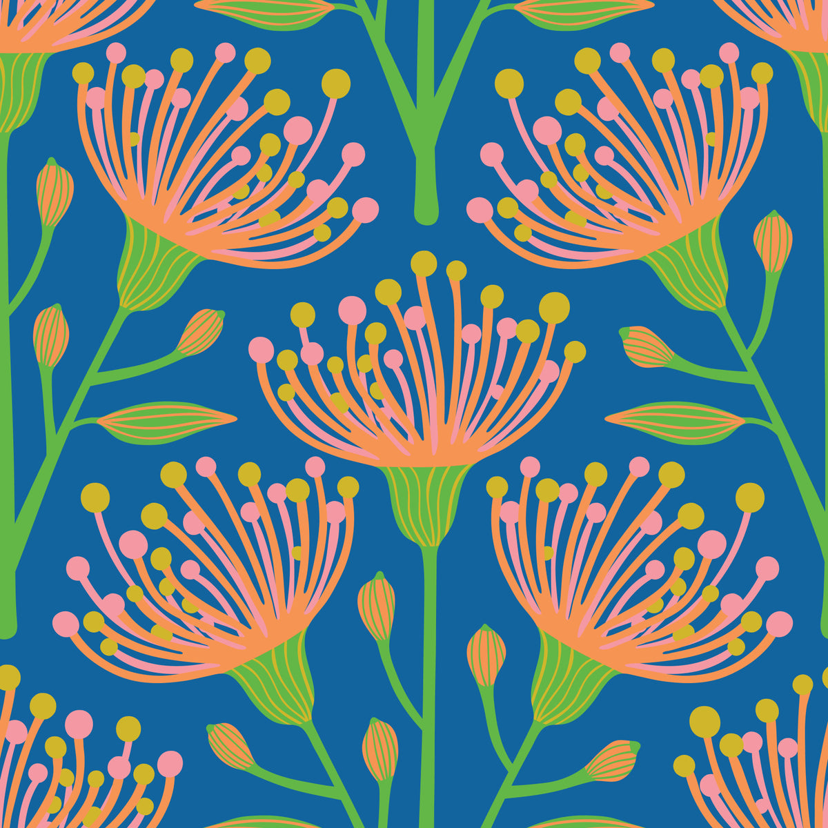 Eucalyptus Floral Botanical Summer Orange Pink Green on Royal Blue Wallpaper⁠ in your room
