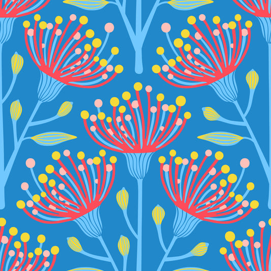 Eucalyptus Floral Botanical Icy Blue Red Yellow Pink on Bright Blue Wallpaper⁠
