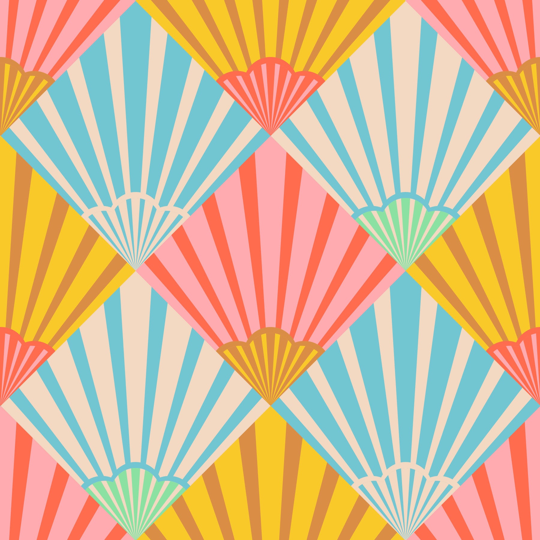 Sunrise Art Deco Vintage Abstract Geometric Mid Century Pastel Pink Blue Yellow Cream Wallpaper⁠ in your room — zoomed