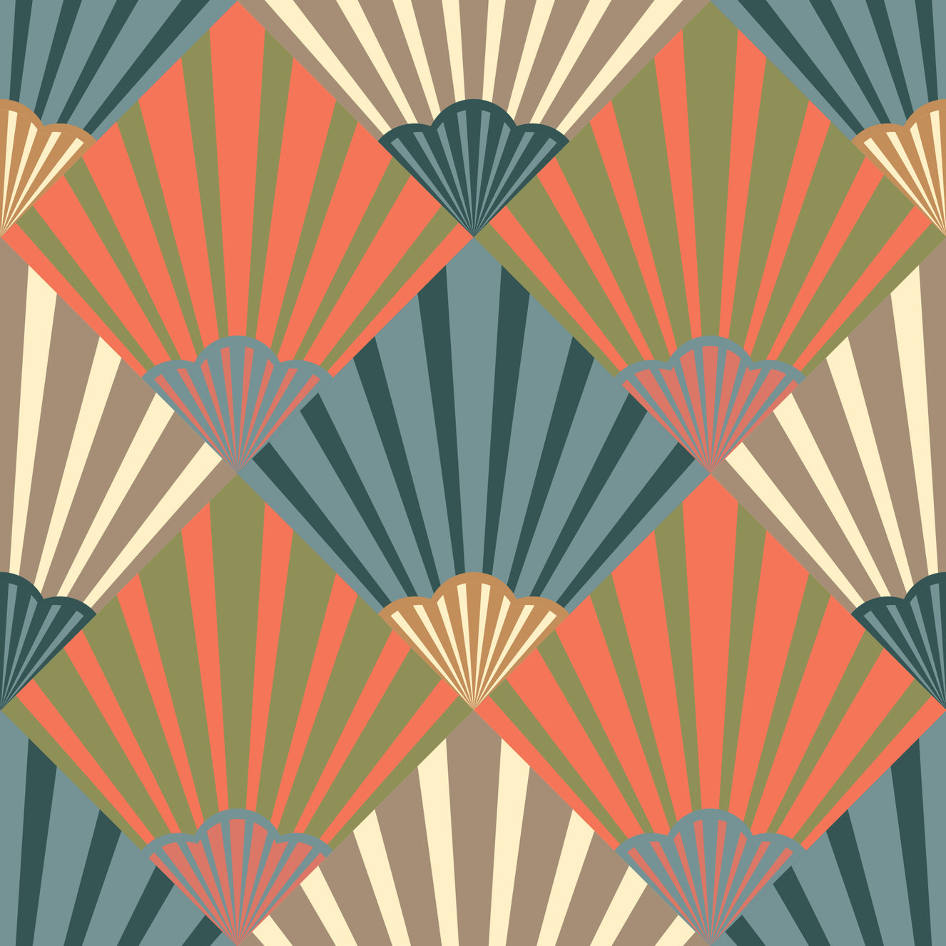 Sunrise Art Deco Vintage Abstract Geometric Elegant Navy Blue Orange Green Beige Cream Wallpaper⁠