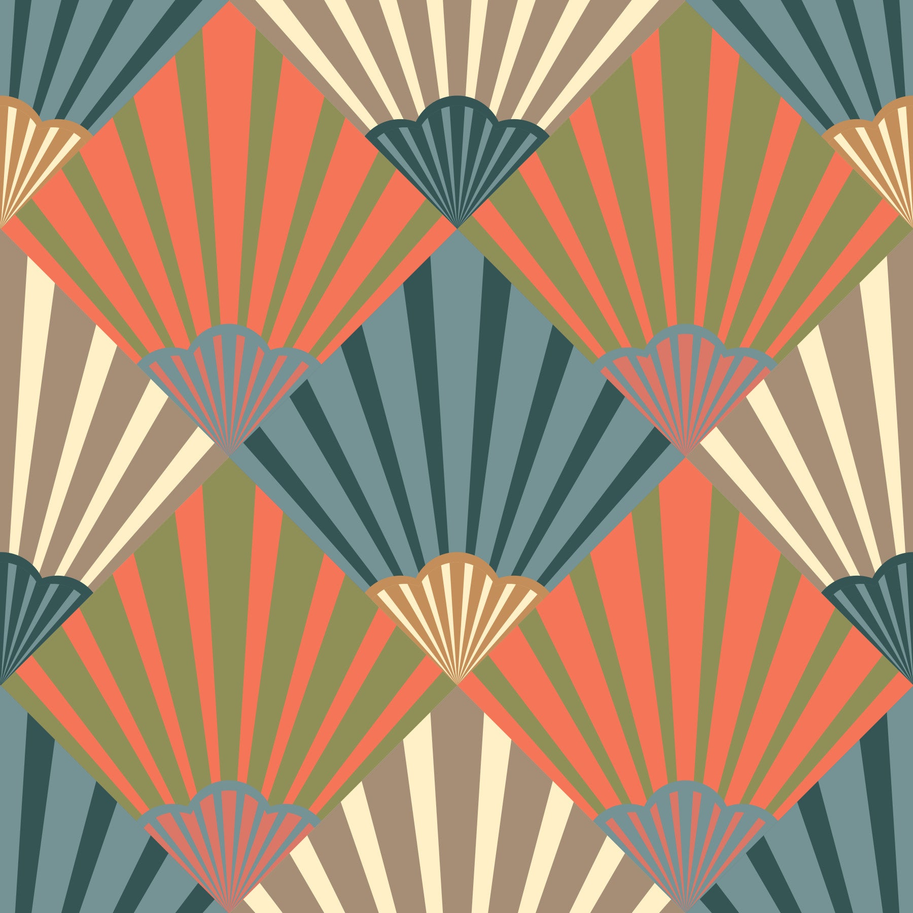 Sunrise Art Deco Vintage Abstract Geometric Elegant Navy Blue Orange Green Beige Cream Wallpaper⁠ in your room — zoomed