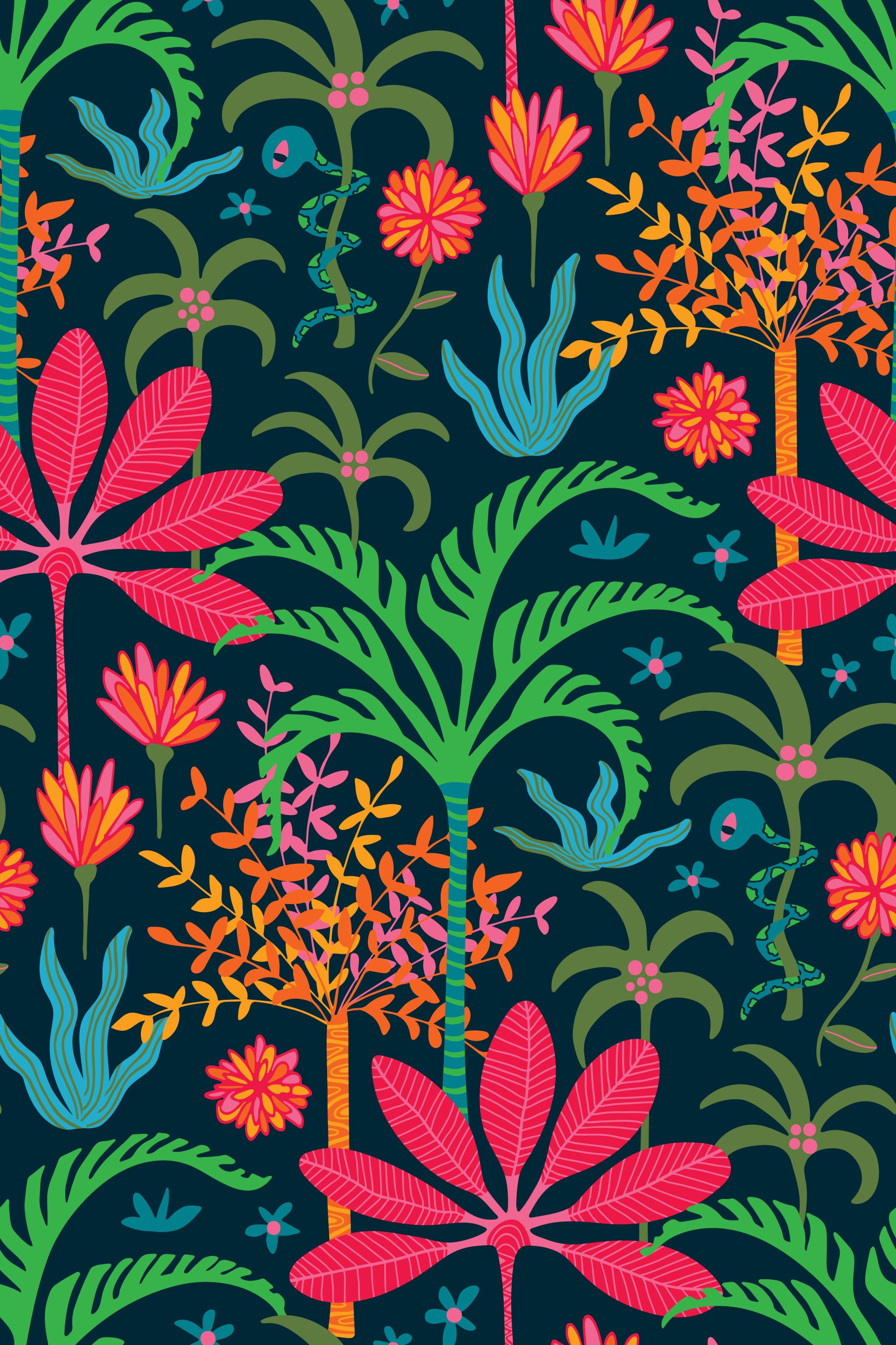 Dream Tropical Jungle Paradise Floral Botanical Palm Trees Bright Rainbow Colors Wallpaper⁠