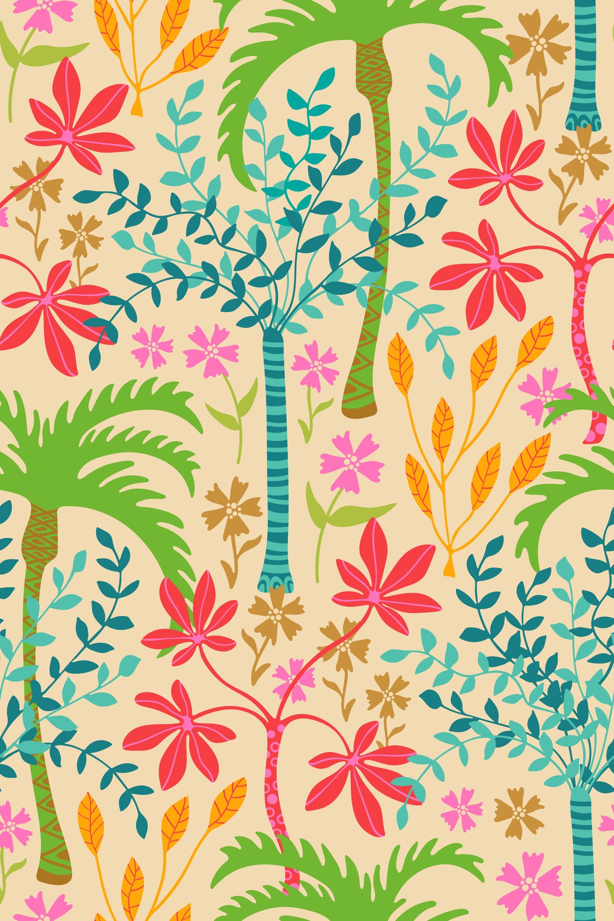 Tropicalia Tropical Floral Botanical Palm Trees Exotic Flowers Plants Leaves Wallpaper⁠ in your room