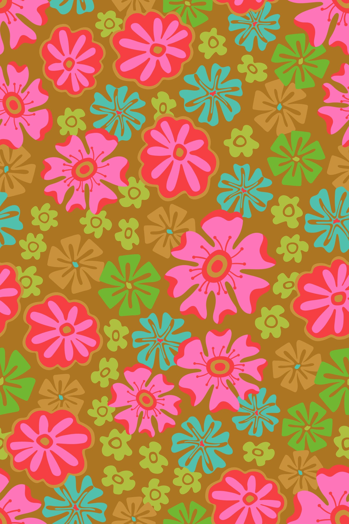 Lush Tropical Big Bloom Floral Bright Pink Red Green Blue Brown Wallpaper⁠