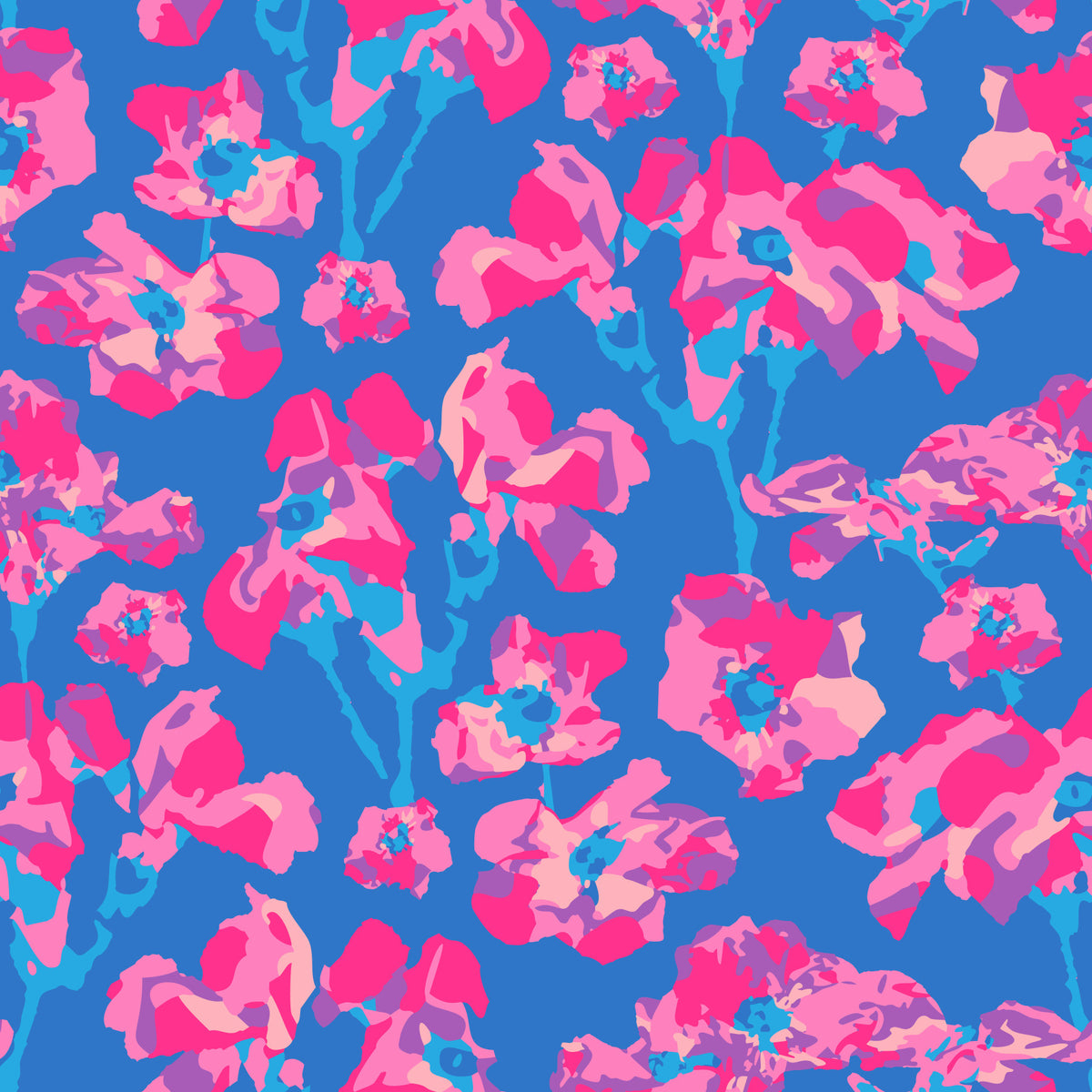 Wild Roses Abstract Floral Summer Bright Rose Garden Fuchsia Pink Blue Wallpaper⁠ in your room — zoomed