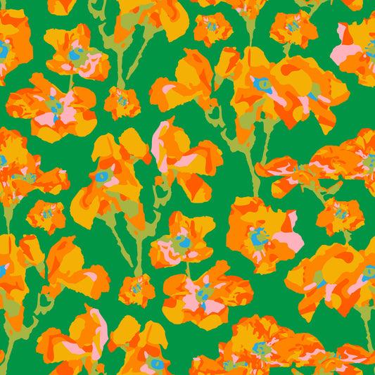 Wild Roses Abstract Floral Summer Bright Rose Garden Yellow Orange Blush Kelly Green Wallpaper⁠
