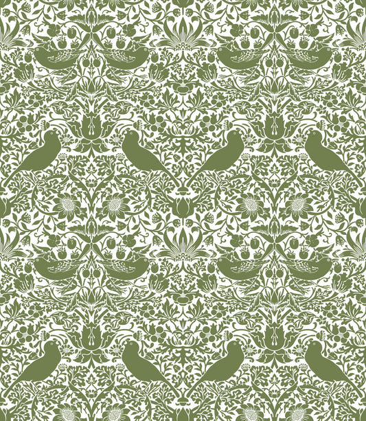 William Morris - The Strawberry Thief - Sage Green White Wallpaper⁠