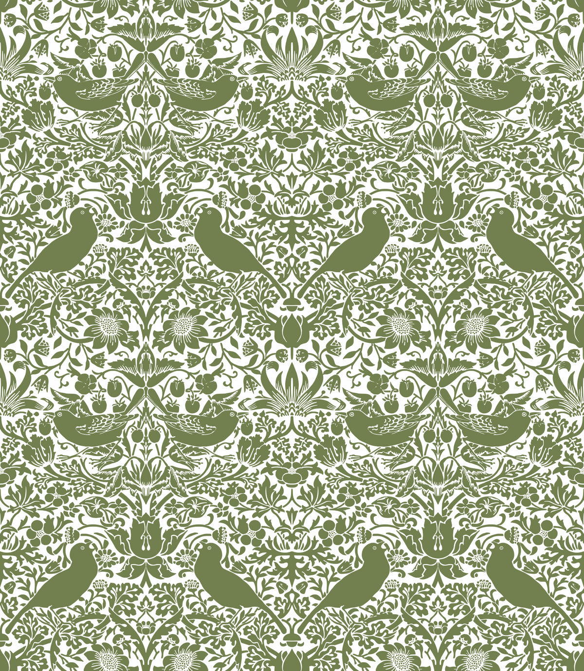 William Morris - The Strawberry Thief - Sage Green White Wallpaper⁠ in your room — zoomed
