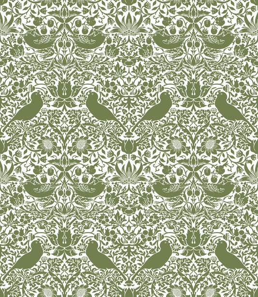 William Morris - The Strawberry Thief - Sage Green White Wallpaper⁠