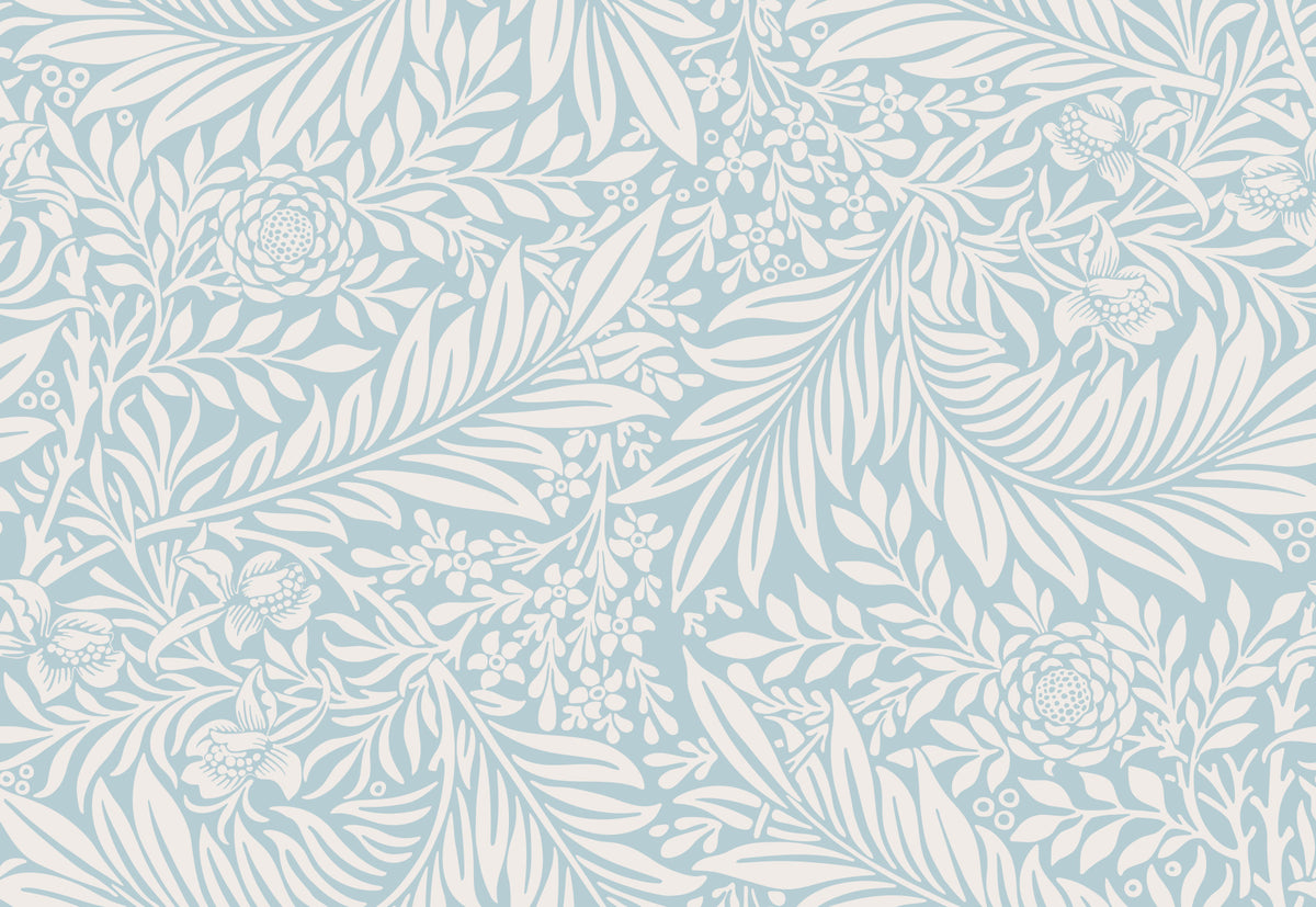 William Morris Larkspur Baby Blue White Wallpaper⁠ in your room — zoomed