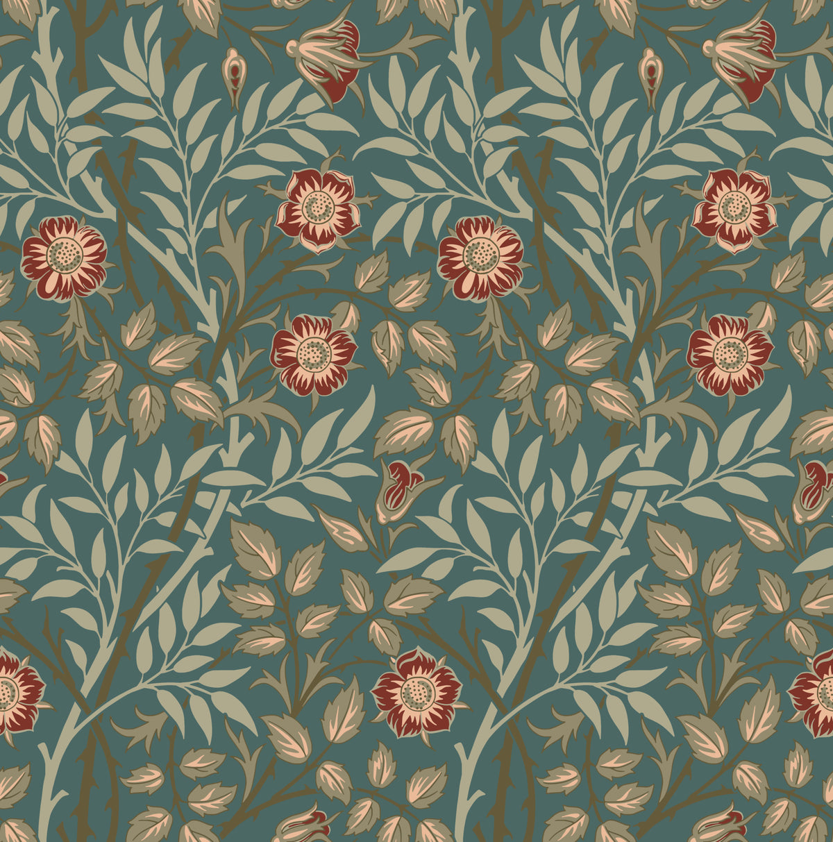 William Morris Sweet Briar Petrol Wallpaper⁠ in your room — zoomed