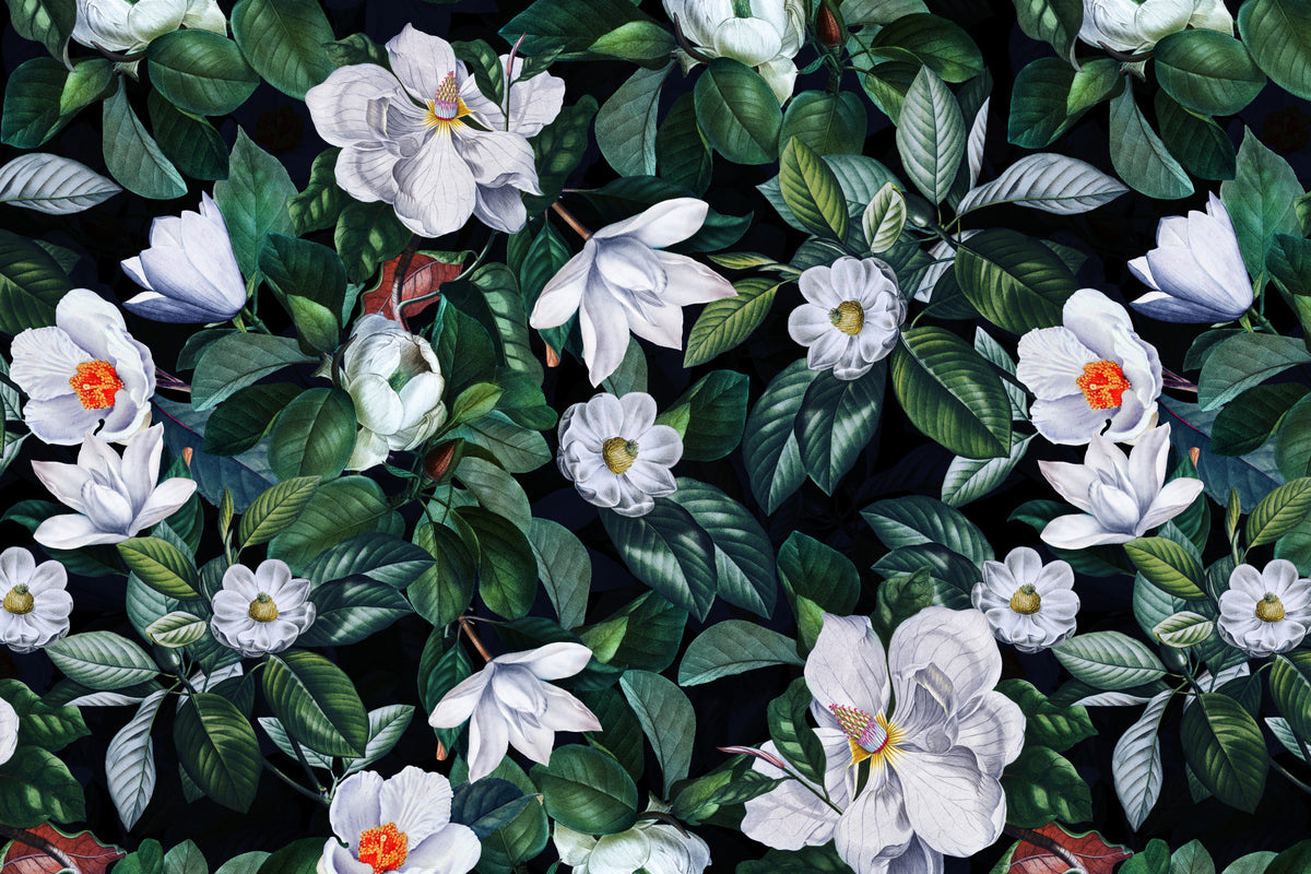 Vintage Midnight Magnolia Flower Garden  Wall Mural in your room — zoomed