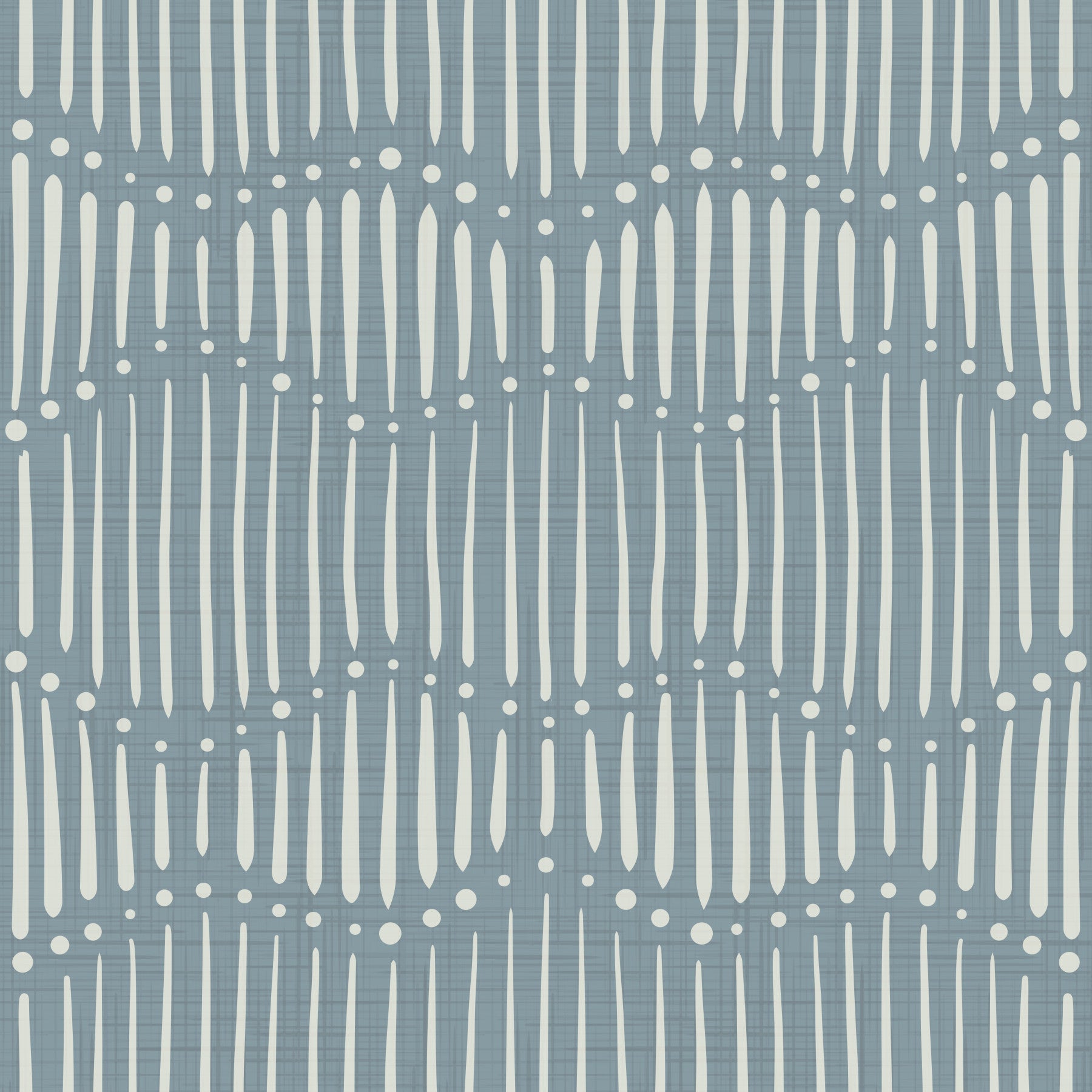 Boho Waves On Arona Canvas wallpaper in slate blue with cream dash lines behind a woman seated in a lounge with floor lamps