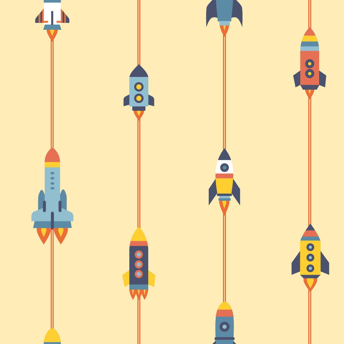 Mid-Century Modern Spaceships Rocket Space On Yellow Wallpaper⁠ in your room — zoomed