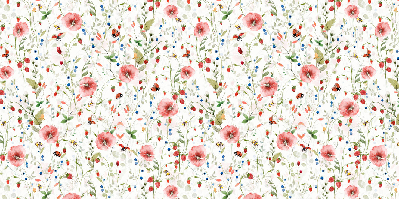 Scandinavian Watercolor Poppies Strawberries and Wild Berries Wall Mural