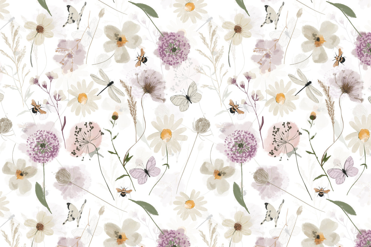 Scandinavian Watercolor Meadow Flowers with Bees and Butterflies Wall Mural