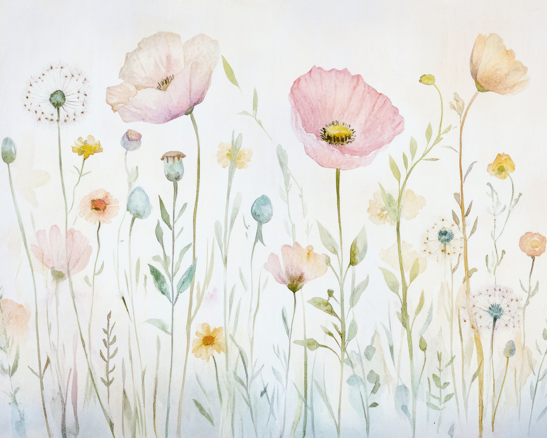 A watercolor print of a scenic meadow.

