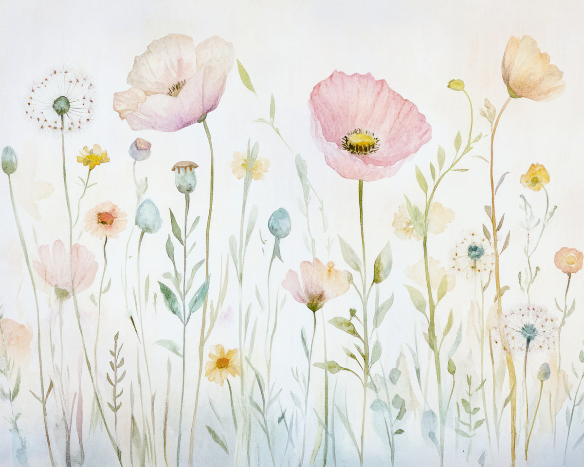 Scandinavian Watercolor Meadow Poppies with Gentle Wildflowers Wall Mural in your room — zoomed